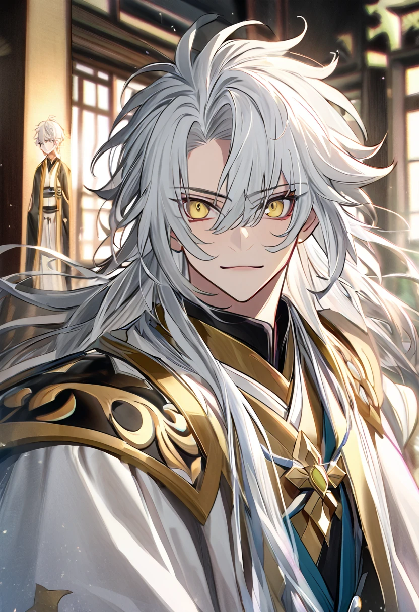 アニメ, 1 homem de pele oscura com white  hair e longos com uma fraja no dado direito e um livro nas mãos, 37 years old, gold eyes, cute androgynous prince, white  hair deity, handsome guy in demon slayer art, photo of a male cleric, white  hair, portrait of thancred, arte detalhada de personagem de アニメ