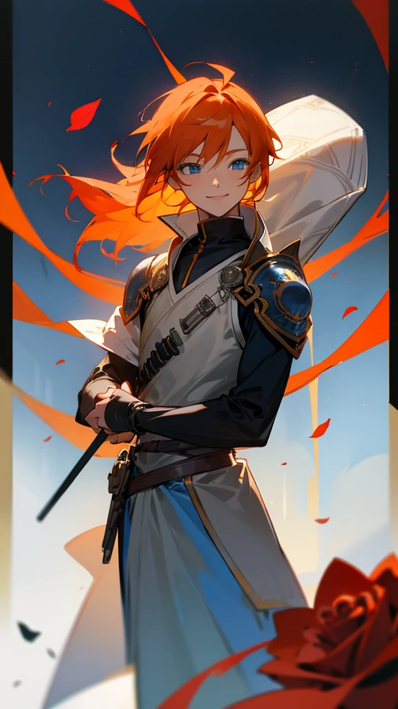 Anime orange hair and blue eyes smiling, gray warrior outfit holding a rose.