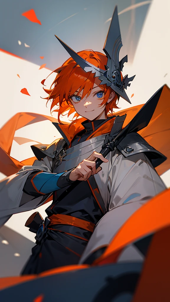 Anime orange hair and blue eyes smiling, gray warrior outfit holding a rose.