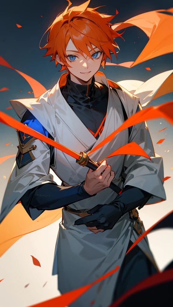 Anime orange hair and blue eyes smiling, gray warrior outfit holding a rose.
