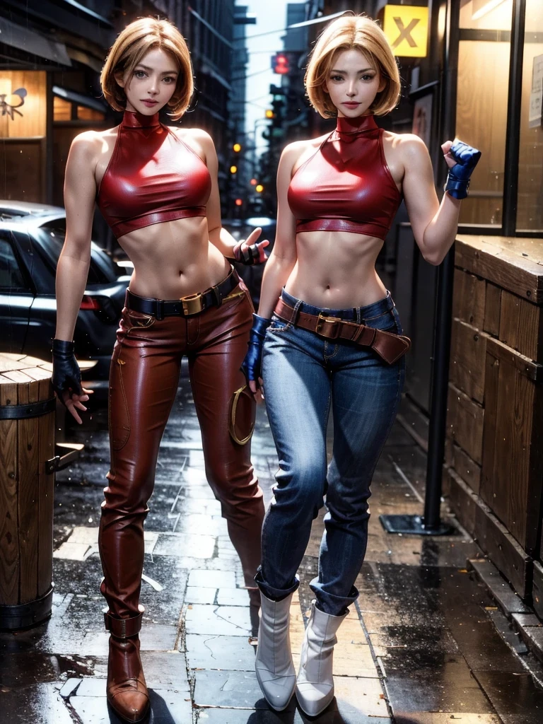 30 year old woman, alone, athletic, by the semi-cut ruby, she is wearing a tight red crop top, he wears blue jogger pants, has two belts, one small and the other a large belt hanging from his brown waist., wears blue fingerless gloves , he wears brown boots, smile at the viewer, points at the viewer, There is a little brown dog with white spots with her, high resolution, absurd, intricate, sharp focus, a New York alley in the background, Best Quality, Masterpiece, high resolution, Perfect picture, Very detailed, High contrast, Digital colors, simple, medium shot, cinematographic, ultra sharp focus, award-winning photography, perFect contrast, high sharpness, depth of field, ultra detailed photography, global illumination, fluid, ultra high definition, 8k, unreal engine 5, ultra-sharp focus, award-winning photography, Art Season Trends,