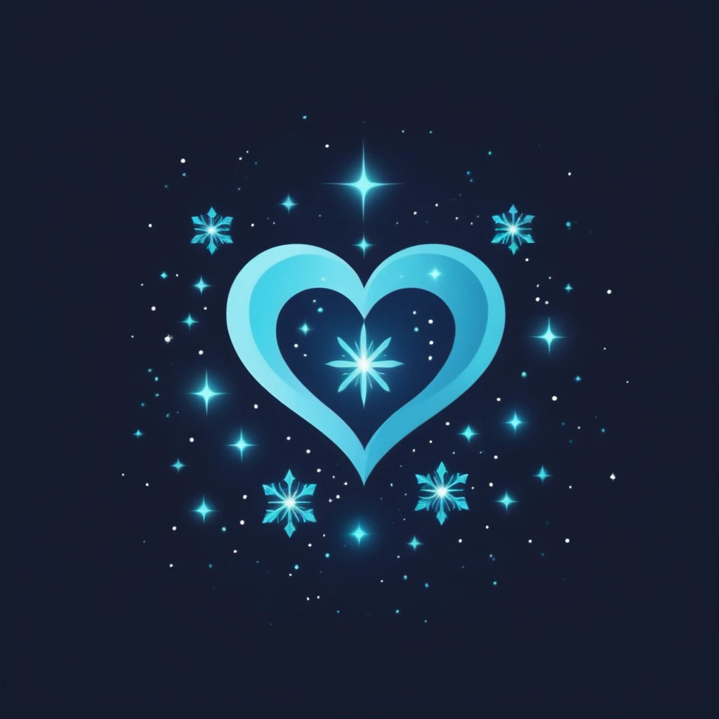 A logo with a beautiful magical heart with sparkles, snowflakes and stars around you, minimalist, Dark blue, light blue and turquoise.