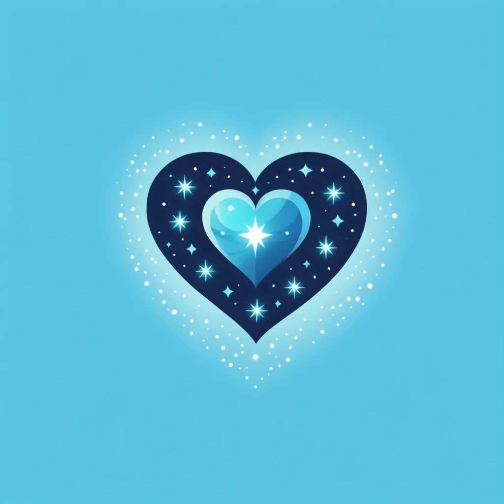 A logo with a beautiful magical heart with sparkles, snowflakes and stars around you, minimalist, Dark blue, light blue and turquoise.