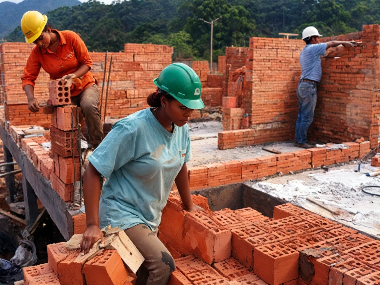 21 year old redhead woman braids her hair create workers are building a brick wall in a construction site, bright construction materials, workers, brick, construction, bricks, journalism photo, red bricks, building blocks, working hard, craftsmanship, illustration, built on a small, by Rodolfo Morales, walls are made of dry wall, by Rodolfo Amoedo, construction site, instagram post, instagram photo