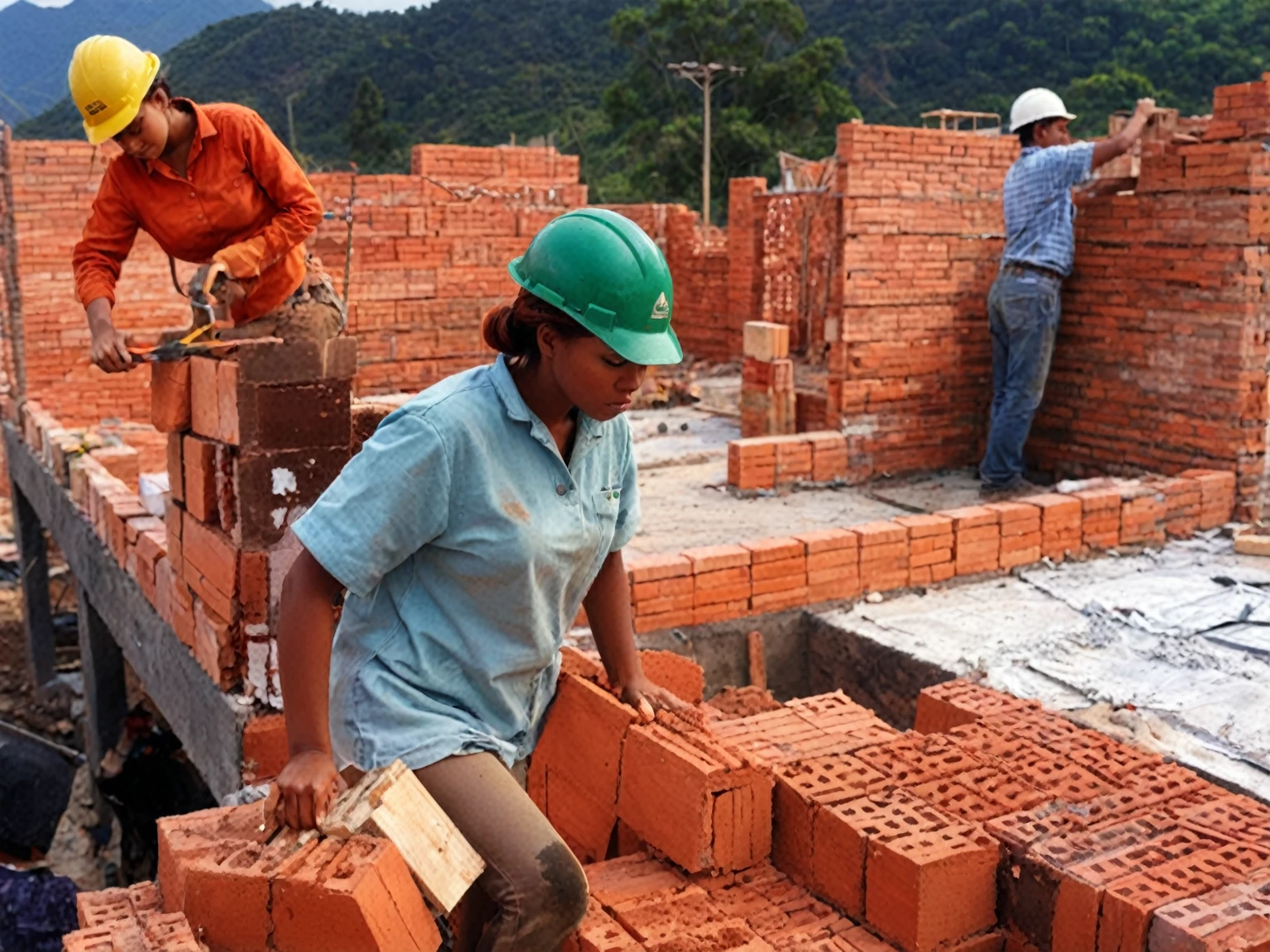 21 year old redhead woman braids her hair create workers are building a brick wall in a construction site, bright construction materials, workers, brick, construction, bricks, journalism photo, red bricks, building blocks, working hard, craftsmanship, illustration, built on a small, by Rodolfo Morales, walls are made of dry wall, by Rodolfo Amoedo, construction site, instagram post, instagram photo