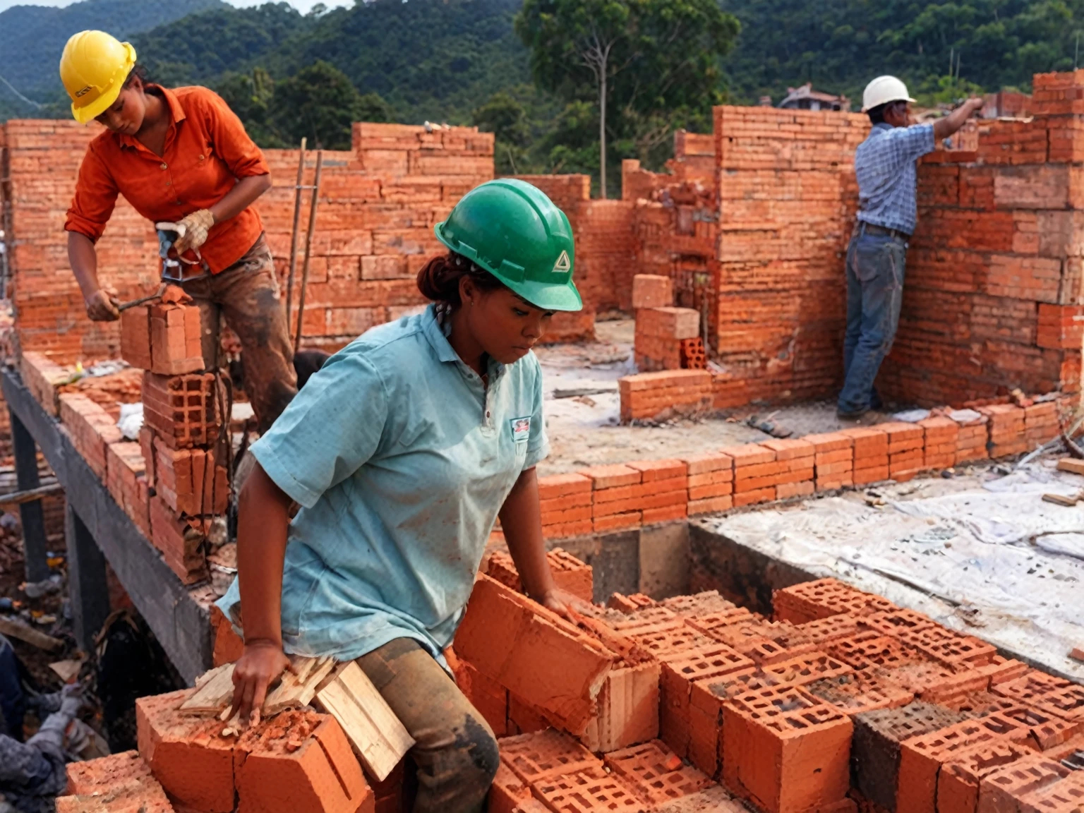 21 year old redhead woman braids her hair create workers are building a brick wall in a construction site, bright construction materials, workers, brick, construction, bricks, journalism photo, red bricks, building blocks, working hard, craftsmanship, illustration, built on a small, by Rodolfo Morales, walls are made of dry wall, by Rodolfo Amoedo, construction site, instagram post, instagram photo