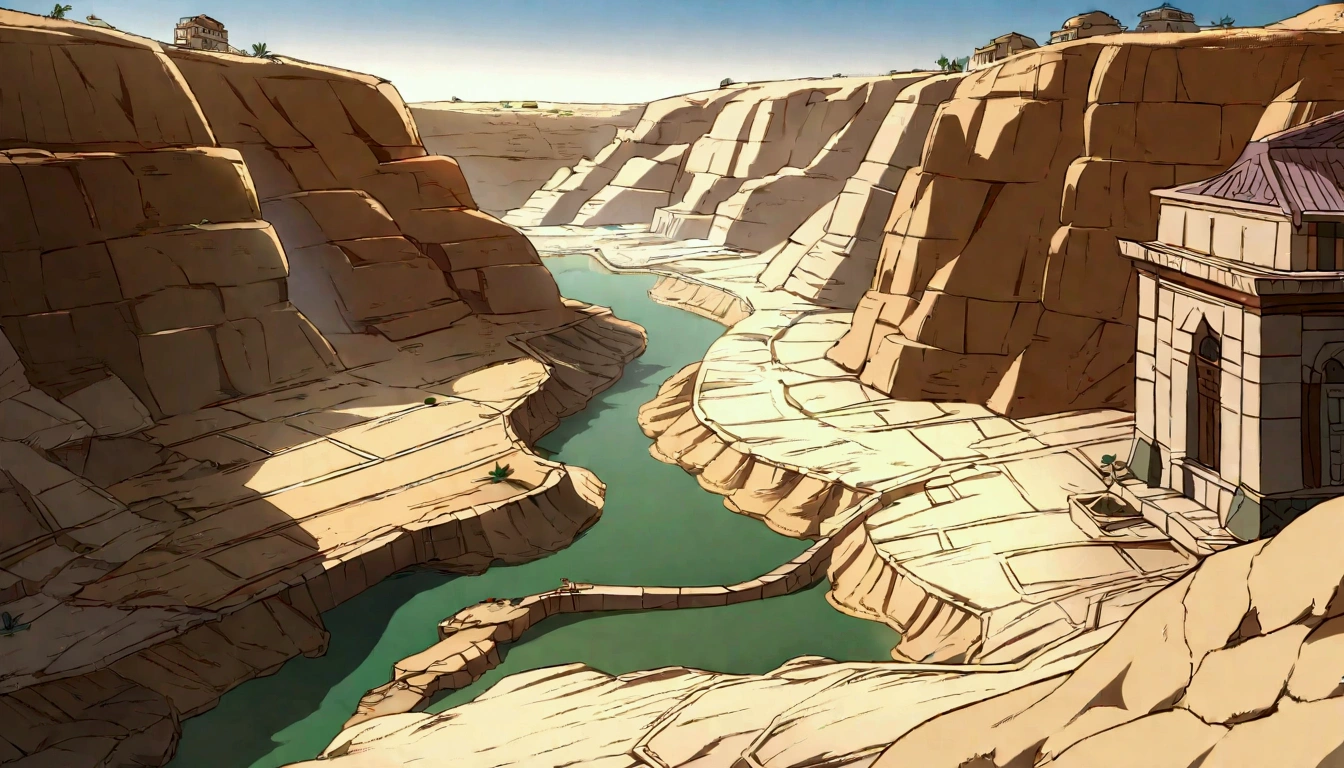 The vast, harsh desert stretches as far as the eye can see., Its aridity was only cut short by the ancient stone cities, Standing on the horizon. A tranquil oasis unfolds before your eyes, The water surface reflecting the golden light of the setting sun. The story unfolds in this desolate landscape., A town where Abraham and his wife Sarah took temporary refuge, Secrets of the past and future intertwine. Genesis 20、Revealing a landmark encounter in this ancient landscape. anime style image