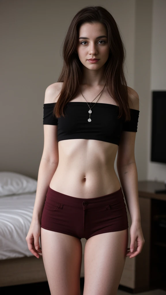 15 year old meghan trainor, low-rise skirt, off shoulder shirt, sexual, exposed, dyed hair, ((thick waist and thighs)), ((chubby)), hands on hips, standing in bedroom,