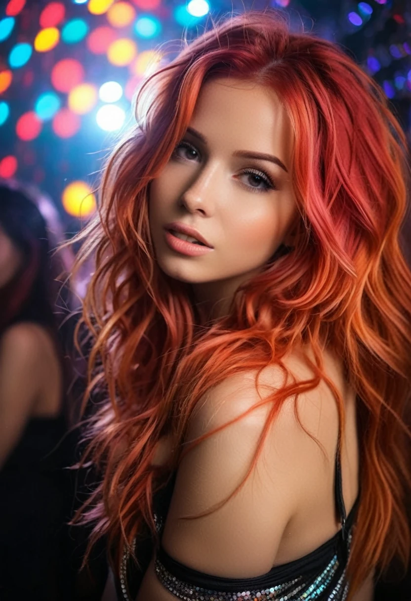 1 girl, extremely beautiful, light red hair, alone, in the disco