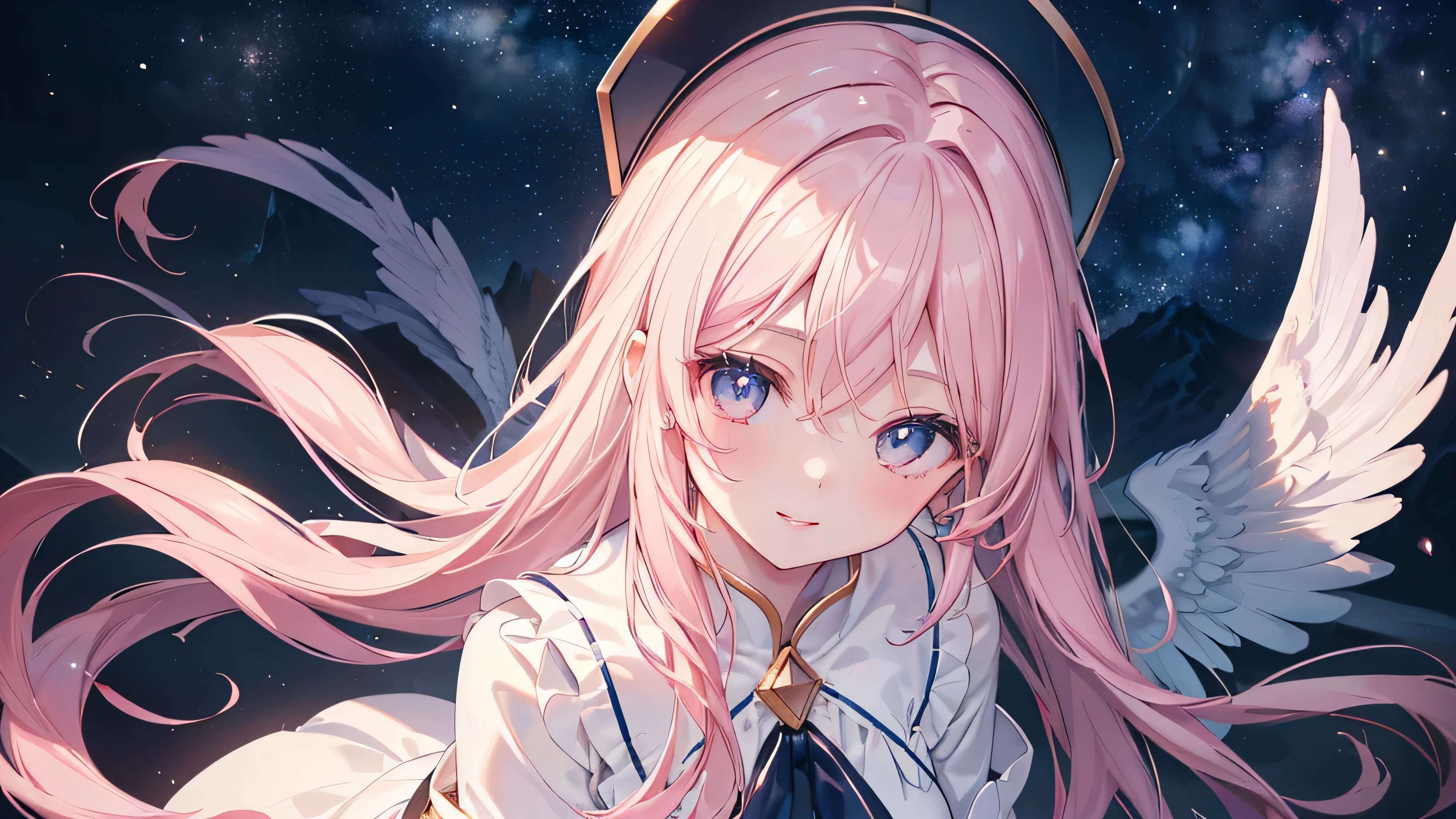 (Night Sky), ((Beautiful eyes)), (((The best smile,Angle from above))), (((Highest quality、masterpiece、Ultra-fine、Ultra-fine、Exquisite、16K、Full HD,high school girl))) 、Long eyelashes、White skin、(thin and long)、 ((cute)) ((One person)),Zoom out,(A magnificent composition、epic proportion)、(Pale pink lips、Pale pink cheeks、thin and long)、Dynamic lighting,