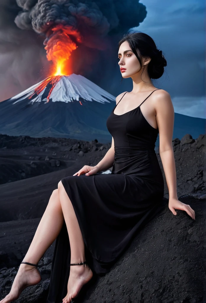 core_9, score_8_up, score_7_up, score_6_up, Goddess woman, laziness in the eyes, black hair black dress, volcano in the background dark sky