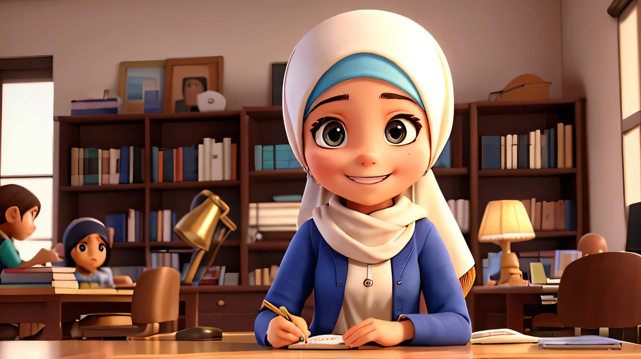 24 years girl with a modern hijab and a wide smile, on her desk reading in the library