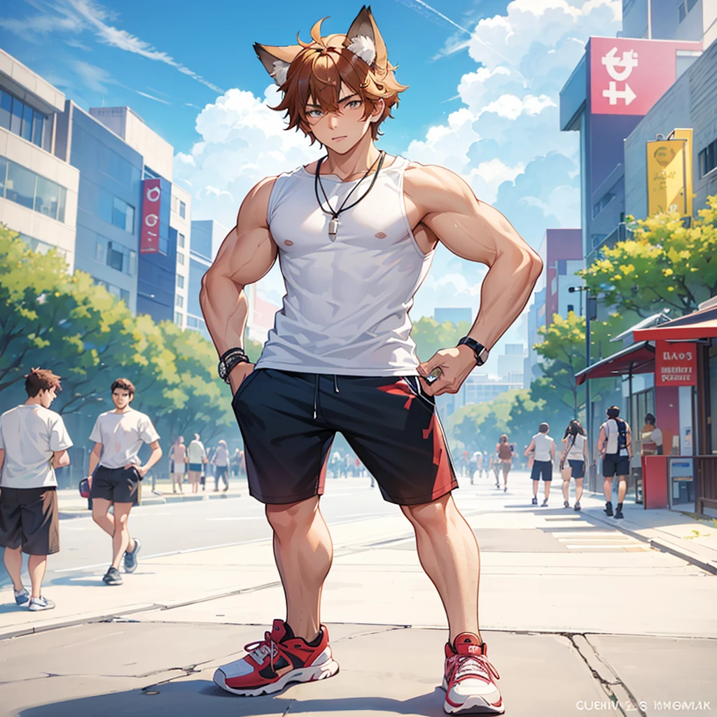 18 year old man with wolf tail and ears walking with shorts and no shirt
