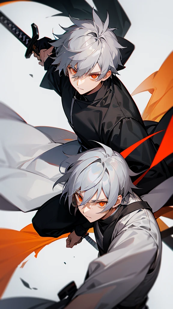 Male character gray hair and orange eyes and black clothes and swords 