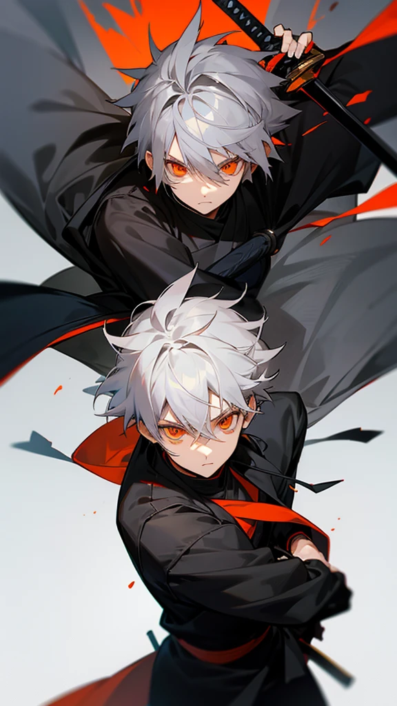 Male character gray hair and orange eyes and black clothes and swords