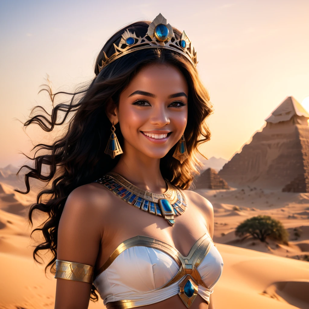 princess,detailed gorgeous smile,crown,perfect ,ancient egyptian style,innocent,desert,sunset,cinematic lighting,(masterpiece,8k,Professional,perfect composition,very aesthetic,absurdres,ultra-detailed,intricate details:1.2),perfect proportion