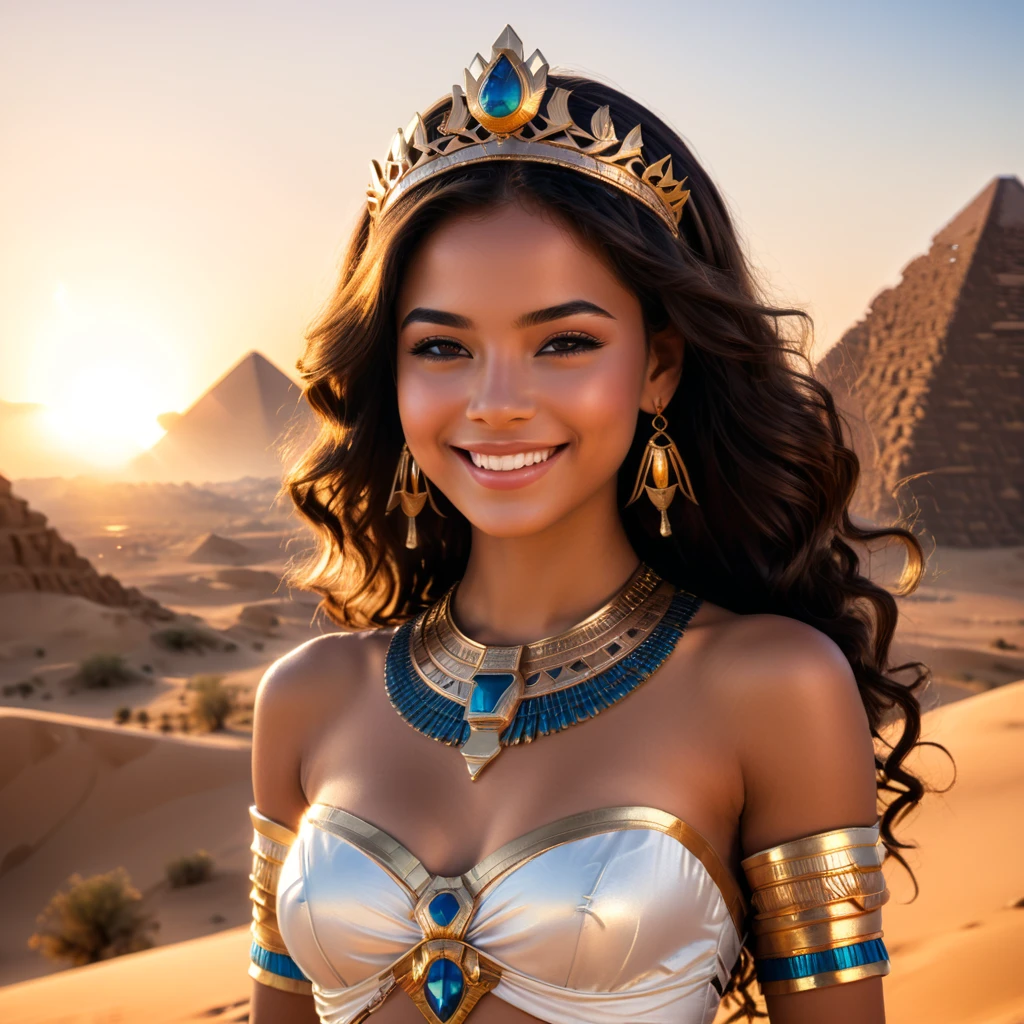 princess,detailed gorgeous smile,crown,perfect ,ancient egyptian style,innocent,desert,sunset,cinematic lighting,(masterpiece,8k,Professional,perfect composition,very aesthetic,absurdres,ultra-detailed,intricate details:1.2),perfect proportion