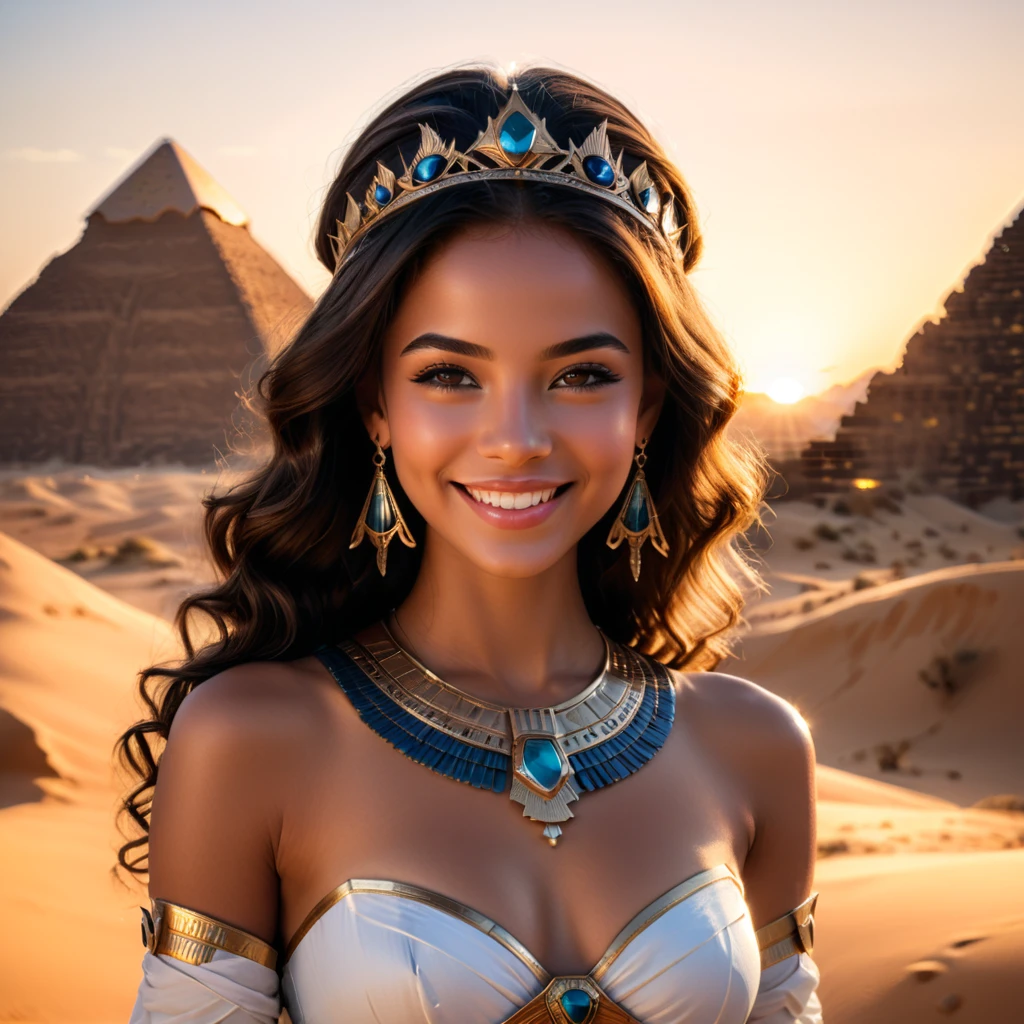 princess,detailed gorgeous smile,crown,perfect ,ancient egyptian style,innocent,desert,sunset,cinematic lighting,(masterpiece,8k,Professional,perfect composition,very aesthetic,absurdres,ultra-detailed,intricate details:1.2),perfect proportion