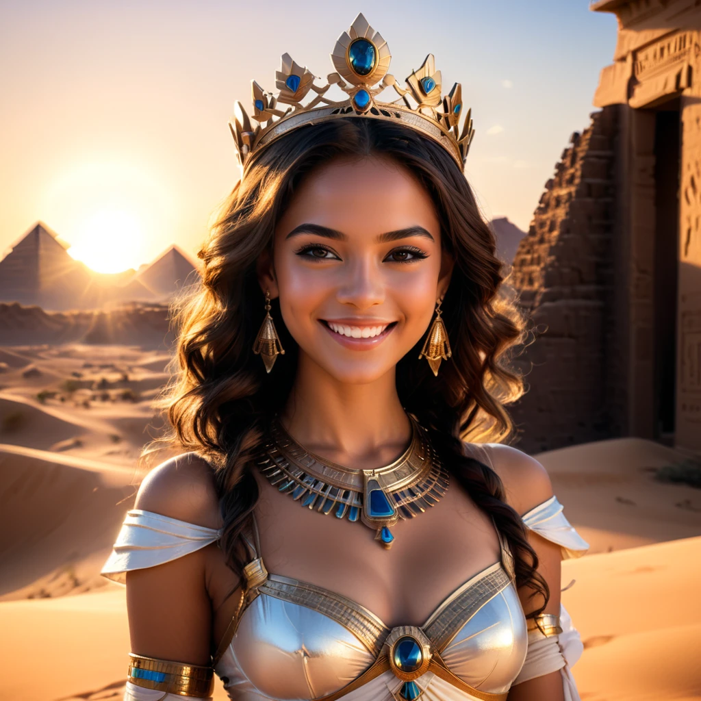 princess,detailed gorgeous smile,crown,perfect ,ancient egyptian style,innocent,desert,sunset,cinematic lighting,(masterpiece,8k,Professional,perfect composition,very aesthetic,absurdres,ultra-detailed,intricate details:1.2),perfect proportion