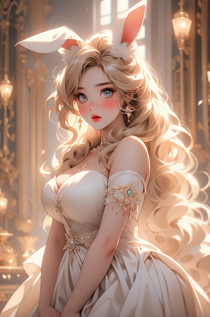 heroine, plump, voluptuous, bunny ears, blonde hair, fierce eyes, bridal dress, bride, blush
