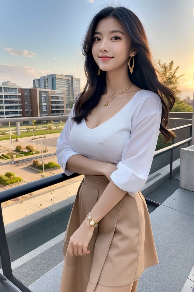 Rooftop of university building, 4th year university student, ((full body)), ((photo)), ((best qualtiy, 8K, tmasterpiece:1.3)), Focus:1.2, perfect figure beautiful girl:1.4, 1girl, cowboy shot, look at viewer, eyes facing the camera, incredibly absurd, beautiful and cute girl with a photorealistic face, showcasing top-quality craftsmanship, A Japanese girl watching the sunset on the roof of a university building, 19 years old, long, straight, silky black hair, fair skin, big eyes, thin eyebrows, double eyelids, long eyelashes, pink lips, smile, devilish smile, gorgeous features, well-defined facial features, beautiful face line, mysterious beauty, slender, tall, well-balanced proportions, large E-cup breasts, white shirt, tight black skirt, beige pumps, gold necklace and bracelet, small earrings, elegant ring, pretty girl, beauty, devilish type, pretty older sister, passionate about art, sociable, friendly, positive, has leadership skills, is proactive, is flexible, gets things done efficiently, works hard towards dreams and goals, March