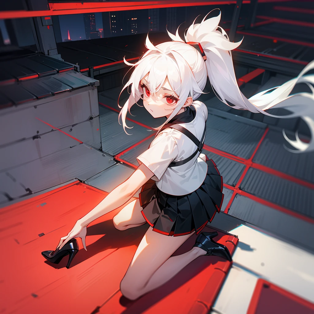 White hair, long hair ponytail
Short skirt , heels, red eyes girl
On a rooftop