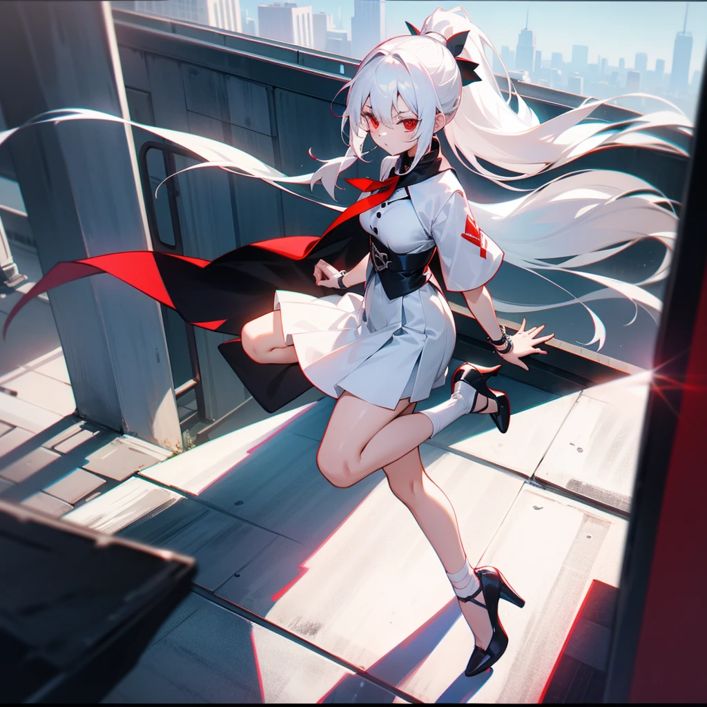 White hair, long hair ponytail
Short skirt , heels, red eyes girl
On a rooftop