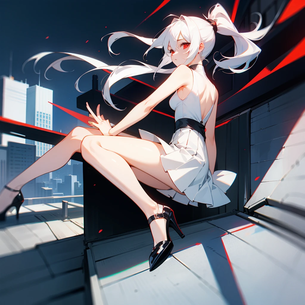 White hair, long hair ponytail
Short skirt , heels, red eyes girl
On a rooftop