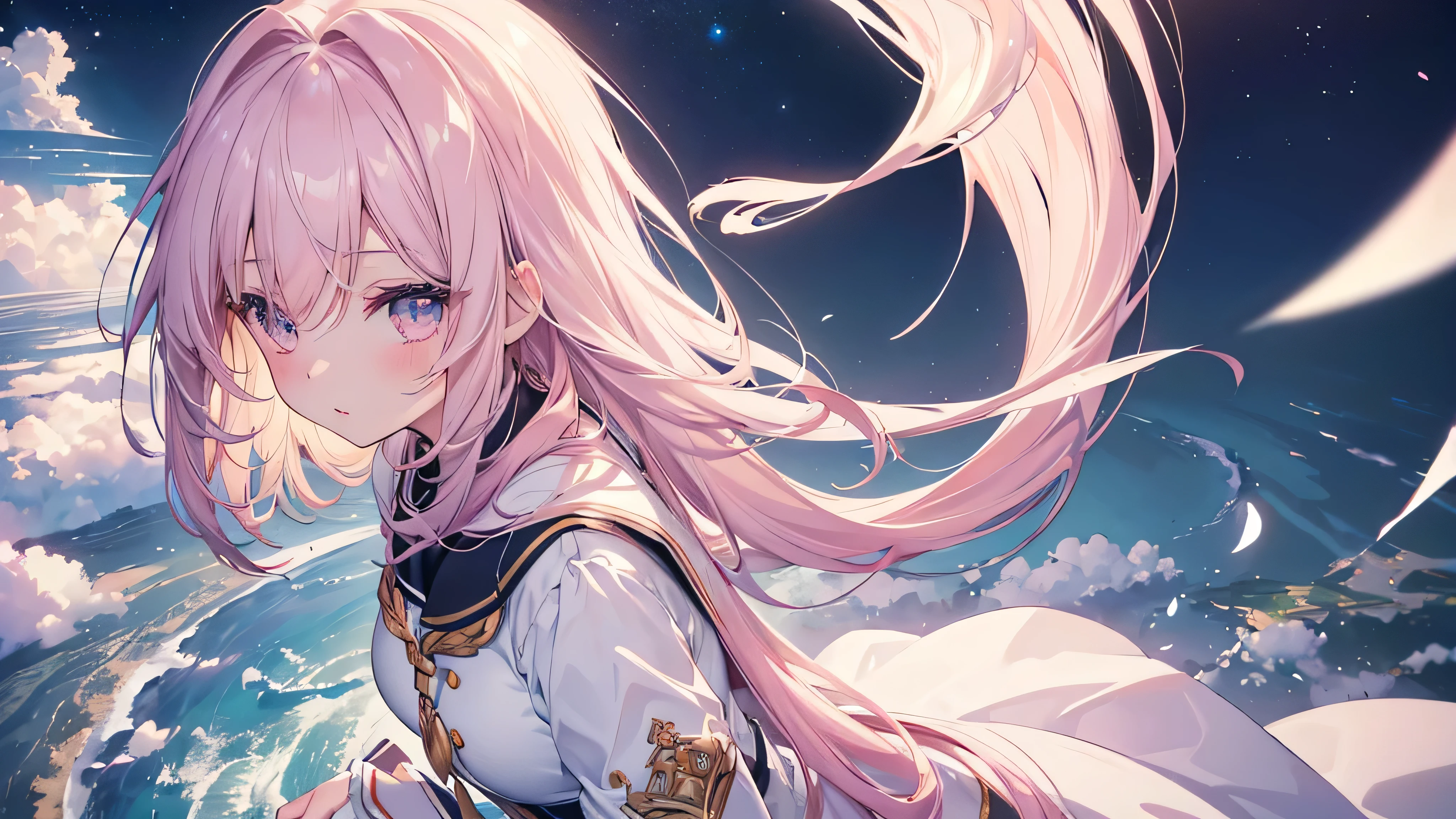 (Asahi), ((Beautiful eyes)), (((profile,Angle from above))), (((Highest quality、masterpiece、Ultra-fine、Ultra-fine、Exquisite、16K、Full HD,high school girl))) 、Long eyelashes、White skin、(thin and long)、 ((cute)) ((One person)),Zoom out,(A magnificent composition、epic proportion)、(Pale pink lips、Pale pink cheeks、thin and long)、Dynamic lighting,