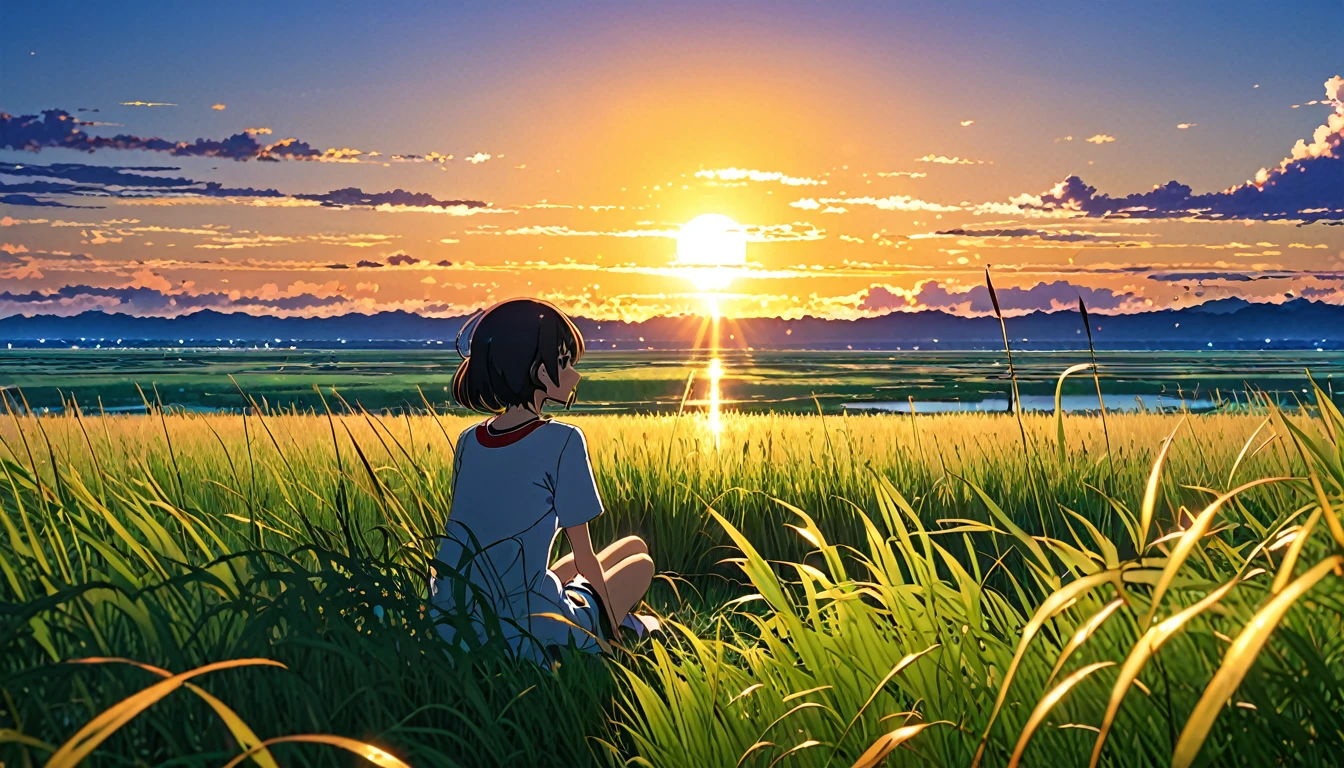 Minimoke but、Anime scenery of a girl sitting in tall grass with a sunset in the background.Beautiful anime scene, Beautiful anime peace scenes, Makoto Shinkai Cyril Rolland, Beautiful anime scene, Awesome Wallpapers, Anime Art Wallpapers 8K, Anime Background, artistic Anime Background, anime wallpaper 4k, Anime Art 4K Wallpaper, Anime Wallpaper Art 4k,