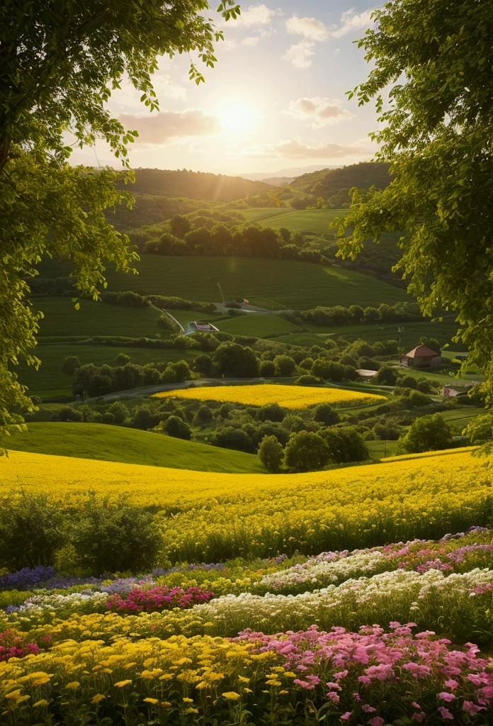 Create a realistic landscape with a shining sun and beautiful flower fields。