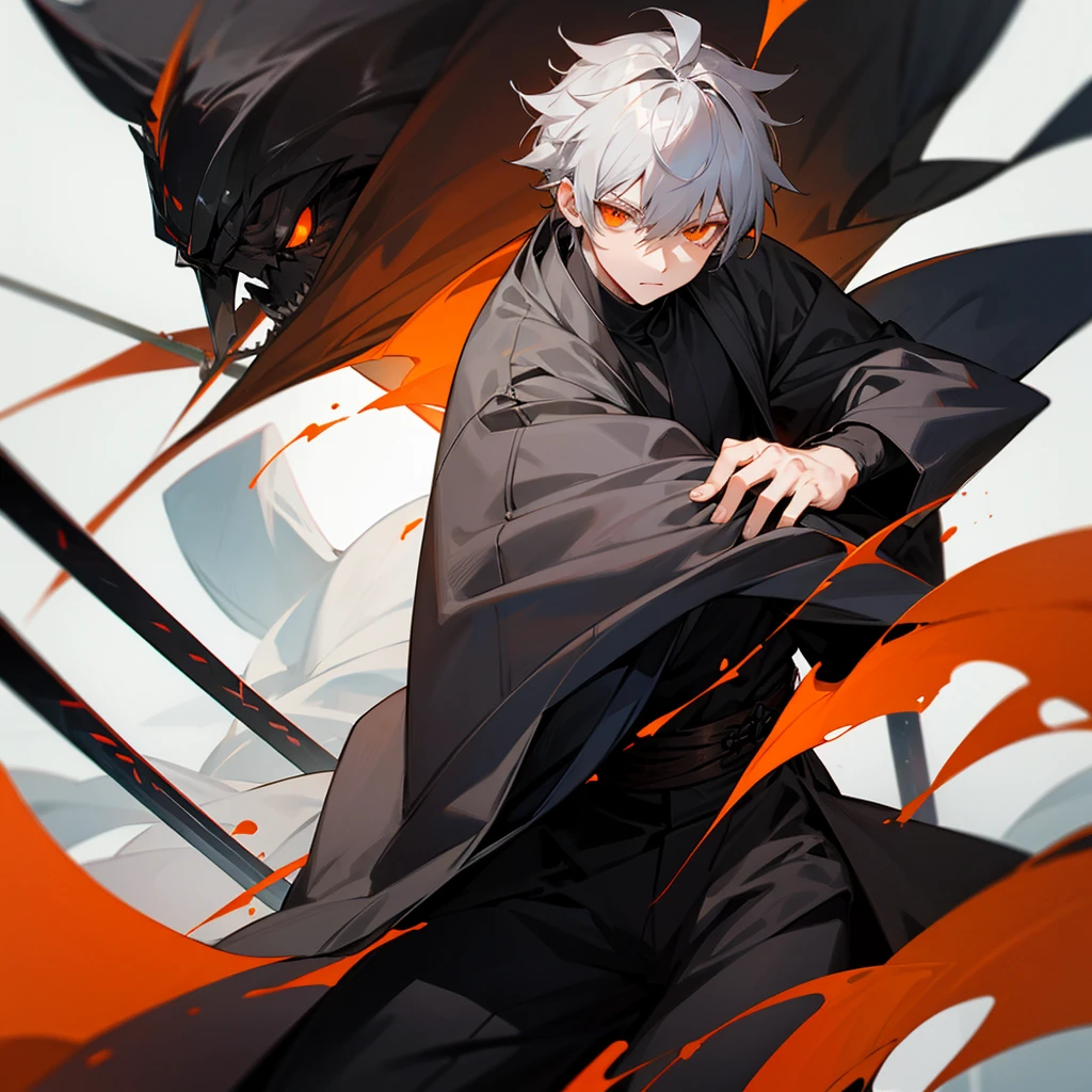 Male character gray hair and orange eyes and black clothes and swords 