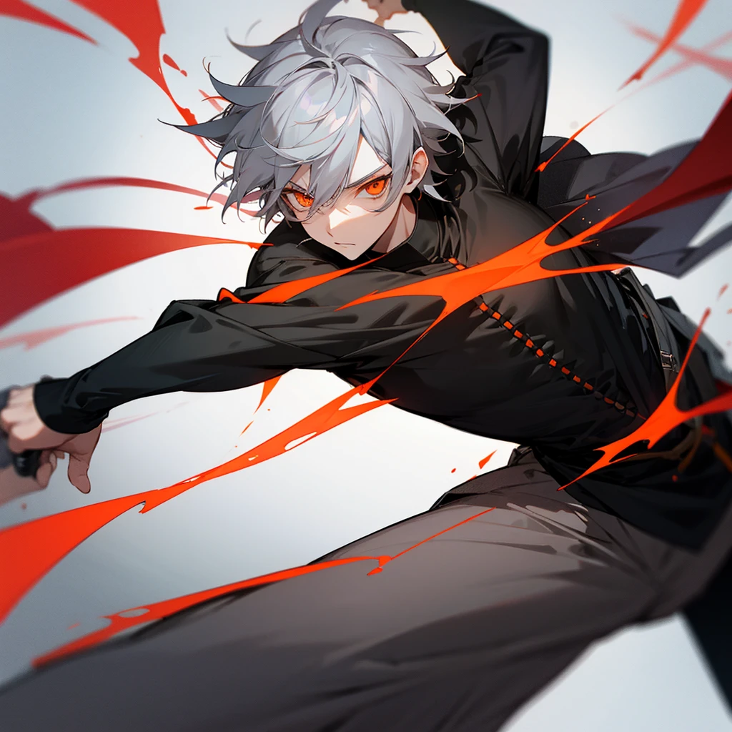 Male character gray hair and orange eyes and black clothes and swords 