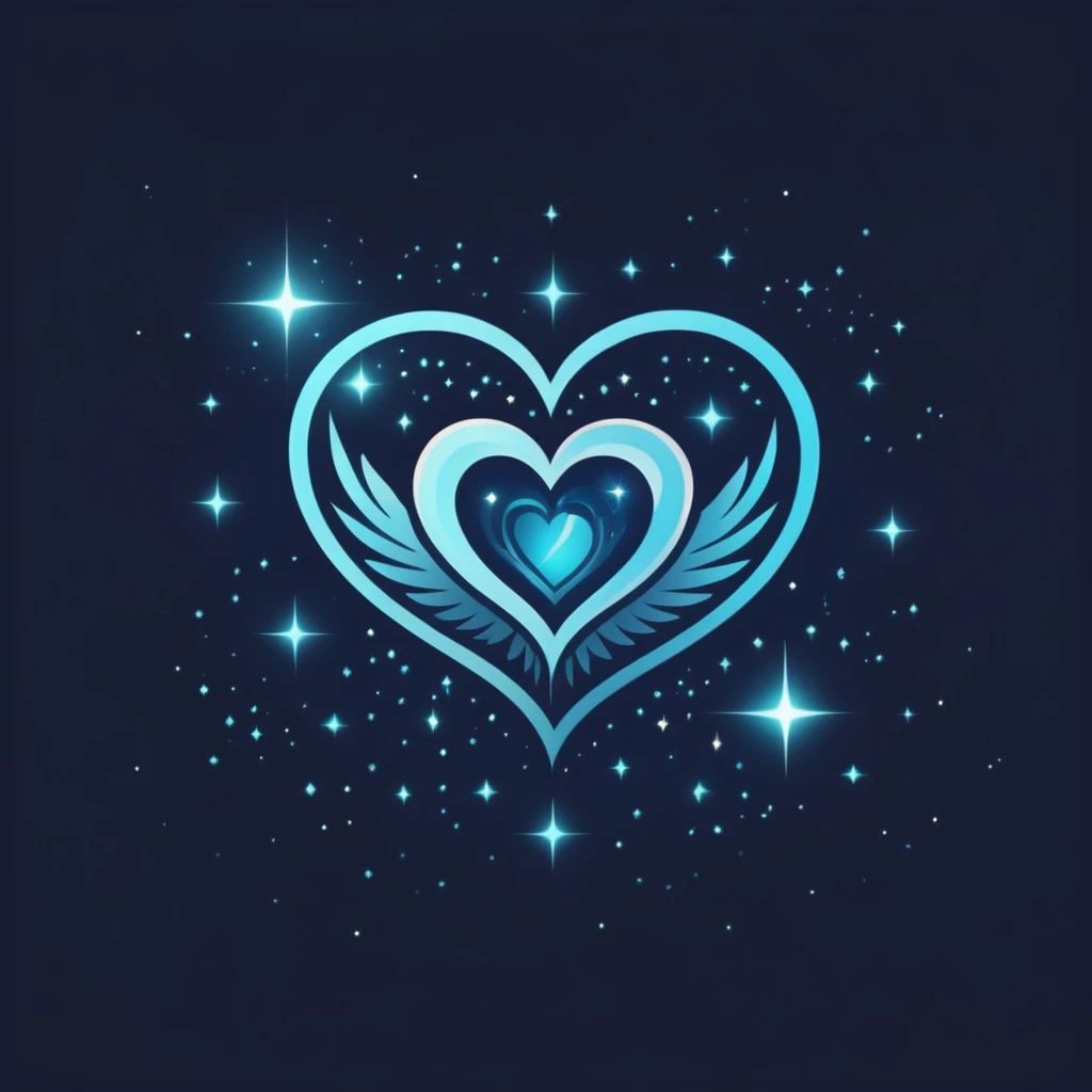 A logo with a beautiful magical heart with sparkles and stars around it, Dark blue, light blue and turquoise.