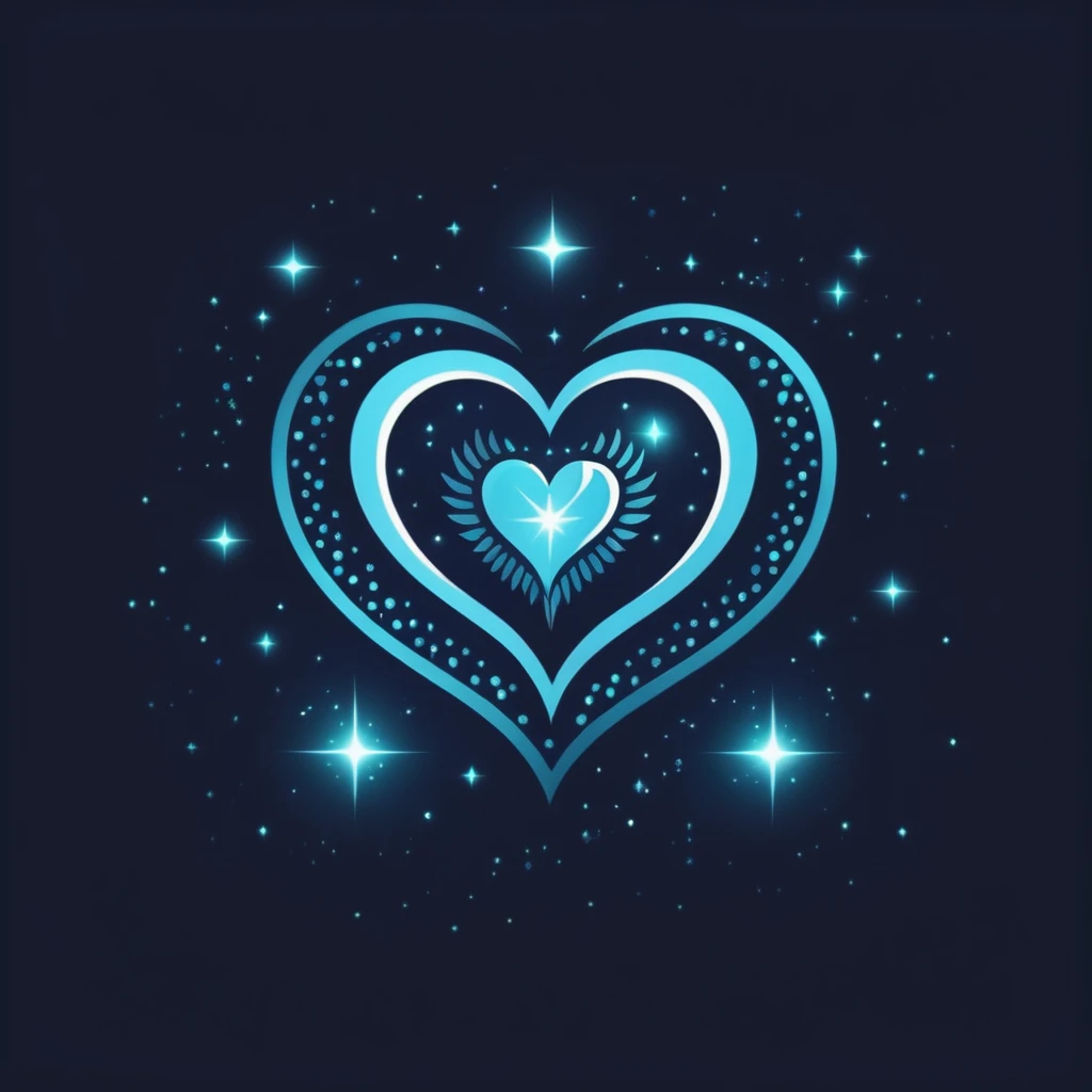 A logo with a beautiful magical heart with sparkles and stars around it, Dark blue, light blue and turquoise.