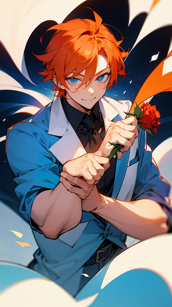 Anime man orange hair and blue eyes smiling, holding a rose.