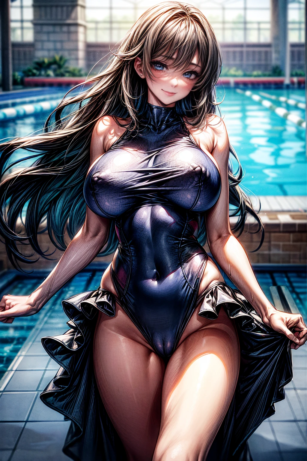 Highest quality、Detailed depiction、Large swimming pool、A large audience、One woman、25-year-old woman、(Big Breasts:1.5)、Simple competitive swimsuit、Wet skin、Show your back to the viewer、Looking up from below、The best smile、Beautiful face、Many layers of eyes、Erect nipples、Crotch line