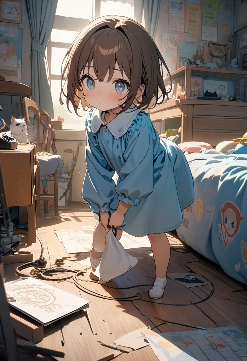 (8K, best quality, master piece: 1.2),super high resolution,1 girl,12yo,solo,ultra-detailed face,deep detailed eyes,Brown hair,short hair,ベレー帽,kindergarten uniform smock,The girl is holding the receiver of a 1900s telephone in one hand and doodling on a piece of construction paper with three illustrations of cats in different positions, as well as dates and place names,rim light,messy children's room