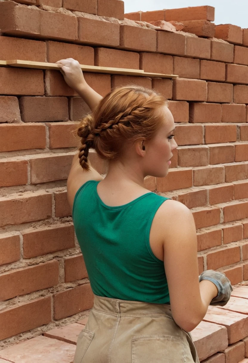 21 year old redhead woman braids her hair create workers are building a brick wall in a construction site, bright construction materials, workers, brick, construction, bricks, journalism photo, red bricks, building blocks, working hard, craftsmanship, illustration, built on a small, by Rodolfo Morales, walls are made of dry wall, by Rodolfo Amoedo, construction site, instagram post, instagram photo