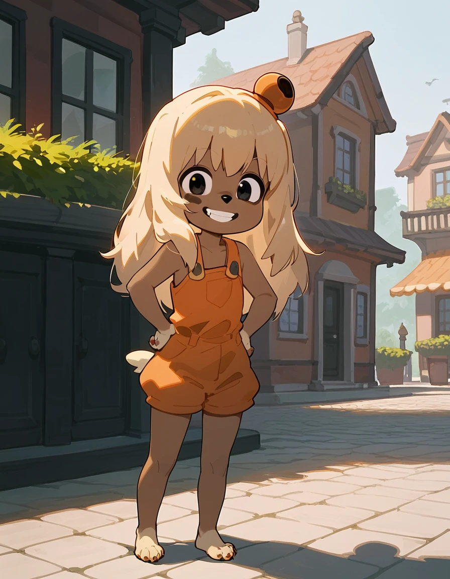 score_9, score_8_up, score_7, score_6_up, rating_safe,, lilotte, solo, 1girl, dog ears, long hair, furry female, dog tail, barefoot, looking at viewer, blonde hair, black eyes, full body, standing, smile, upper body, sleeveless, orange overalls, outdoors, bell, dog girl, holding, animal nose, grin,teeth, hands on hips, paw pads, from behind,  blank white background,