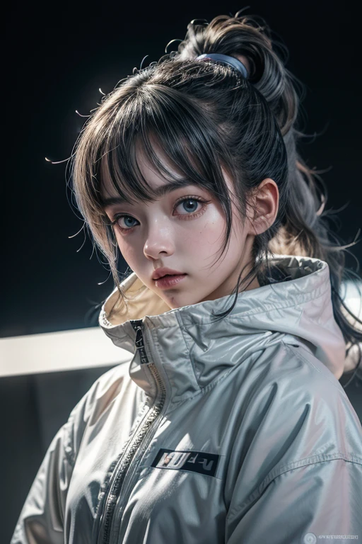 Masterpiece, The best image quality, extreme liveliness, Anime girl with curly ponytail, small figure, white functional coat, little, blue-violet gradient ski goggles, cyberpunk, gray hair, Natural casual style, dynamic posture, golden section, Portrait with wide aperture, cool tones, Strong visual impact, blank space, contrast of lights and shadows, SUPER TEXTURE, sunset glow, Super clear image, simple image