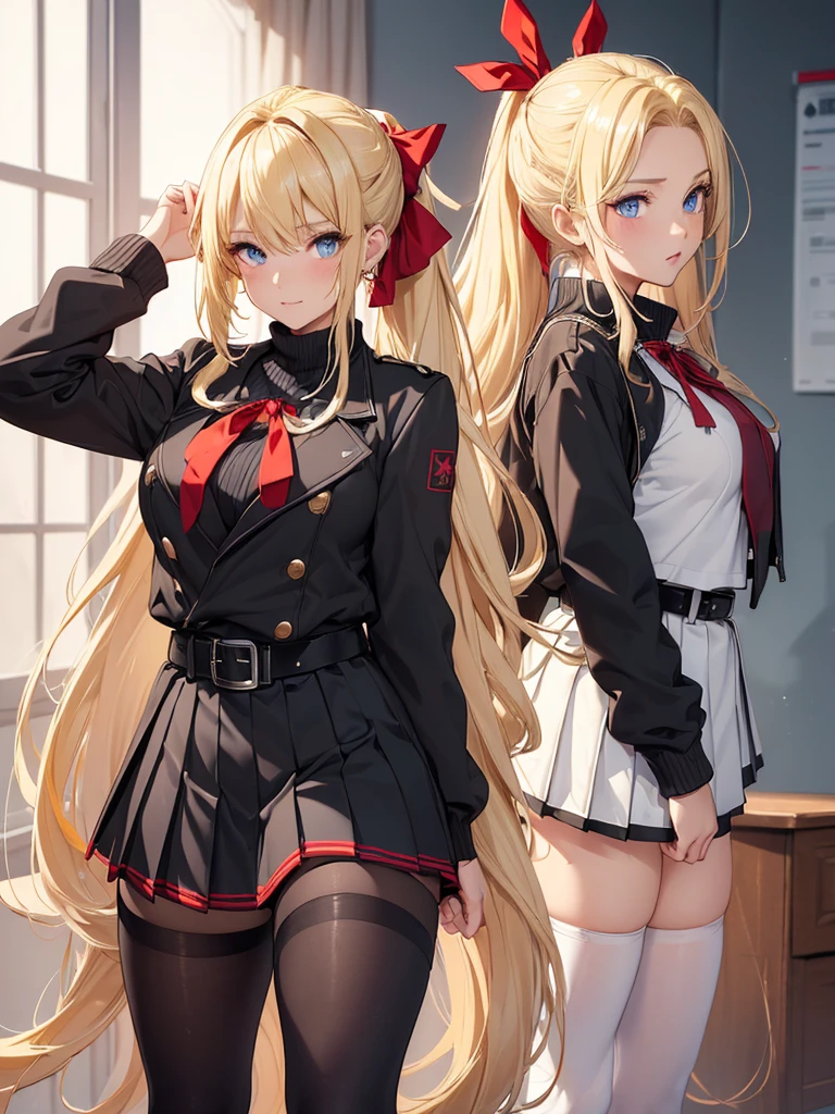 ((masterpiece)), (best quality:1.7), (detailed:1.4), (high res:1.4), 8k, (colorful:1.5), high resolution, sharped image, 4k, hd, (beautiful detailed background:1.2), (beautiful lighting:1.2), (highly detailed:1.2), perfect lighting, (8k wallpaper:1.2), (highly detailed:1.2), (extremely detailed CG:1.2), ((((only blonde very long hair ponytail with a red ribbon)))), (((large chest))), (((busty))), curvy figure, (((light blue eyes))), (school girl outfit), (black jacket and snug white sweater and short flowing black pleated skirt with belt and tight black stocking leggings), mature, older, human adult, short, full body
