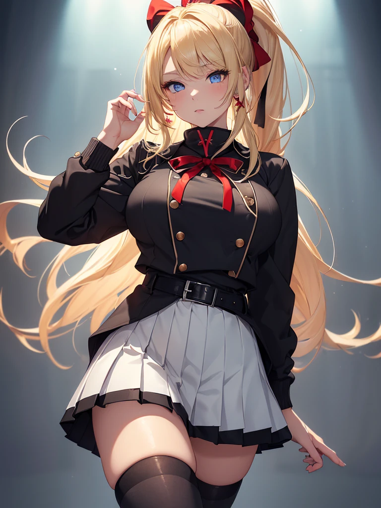 ((masterpiece)), (best quality:1.7), (detailed:1.4), (high res:1.4), 8k, (colorful:1.5), high resolution, sharped image, 4k, hd, (beautiful detailed background:1.2), (beautiful lighting:1.2), (highly detailed:1.2), perfect lighting, (8k wallpaper:1.2), (highly detailed:1.2), (extremely detailed CG:1.2), ((((only blonde very long hair ponytail with a red ribbon)))), (((large chest))), (((busty))), curvy figure, (((light blue eyes))), (school girl outfit), (black jacket and snug white sweater and short flowing black pleated skirt with belt and tight black stocking leggings), mature, older, human adult, short, full body
