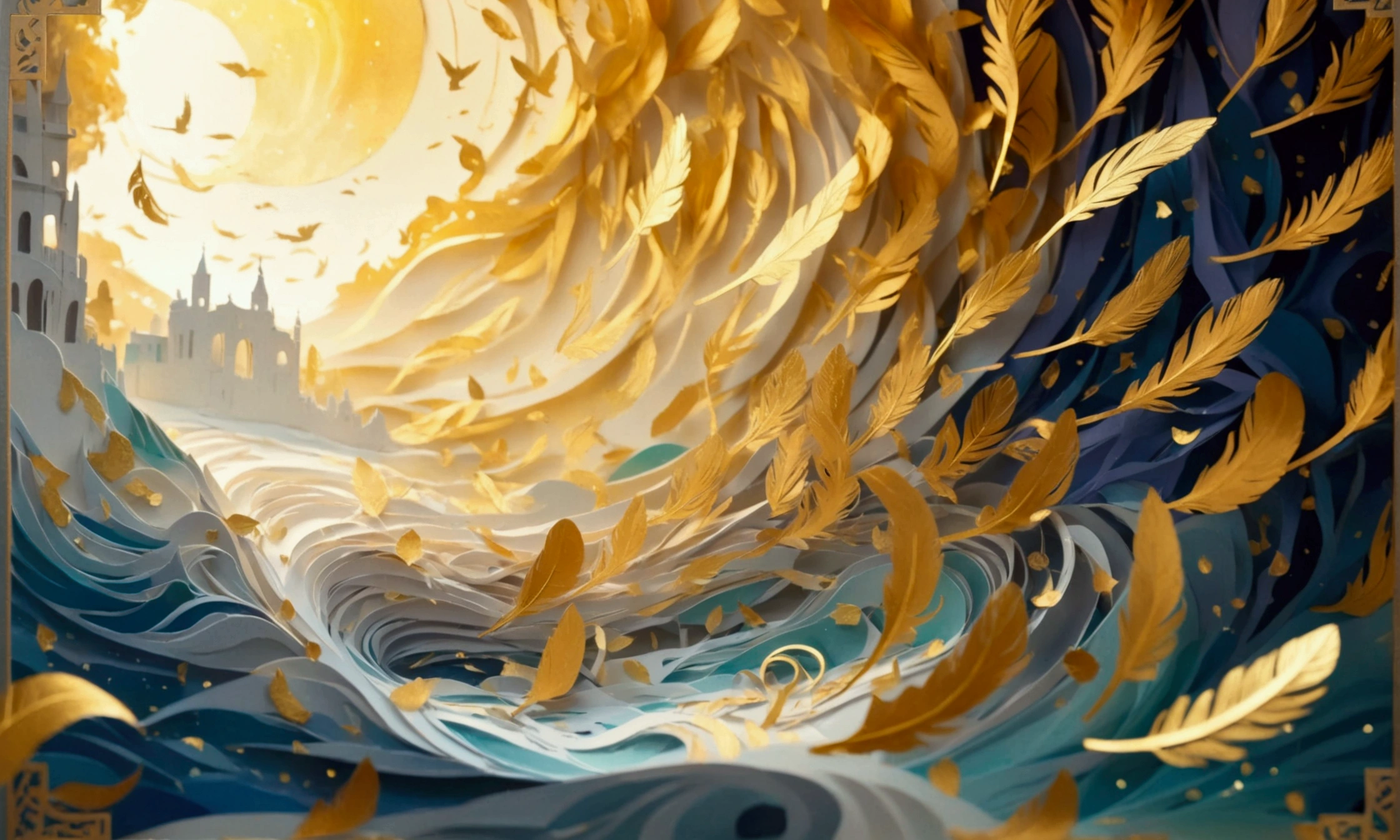 pop up book with paper Cutting art a family surrounded by golden feathers and magical symbols, in the background the book emanates a golden light and a burst of wind revolves the mist and colored fog of the room, thick wavy Brush strokes, Digital illustration. brush strokes, watercolor, golden rays and beautiful landscape, fantastic art, dreamy atmosphere, rainbow waves, Peaceful environment, close up, (best quality, masterpiece) intricate, gold patterns,