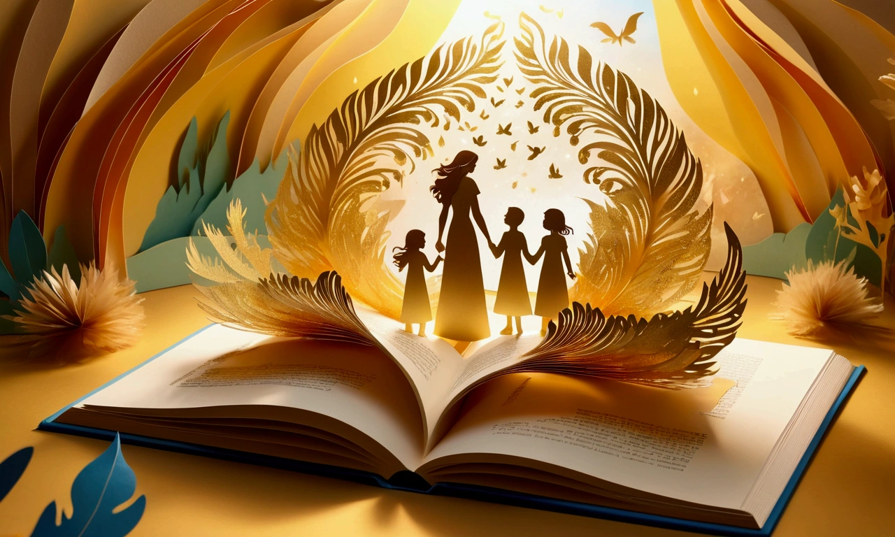 pop up book with paper Cutting art a family surrounded by golden feathers and magical symbols, in the background the book emanates a golden light and a burst of wind revolves the mist and colored fog of the room, thick wavy Brush strokes, Digital illustration. brush strokes, watercolor, golden rays and beautiful landscape, fantastic art, dreamy atmosphere, rainbow waves, Peaceful environment, close up, (best quality, masterpiece) intricate, gold patterns, 