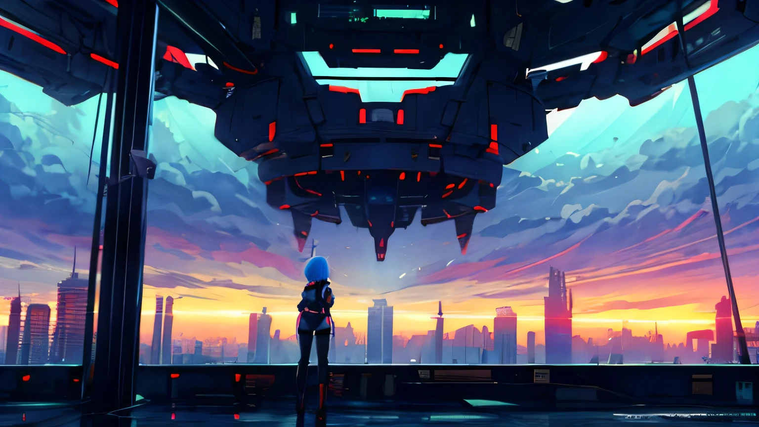 An image that represents the anime cyberpunk edgerunners with the character lucy in the, bottom: futuristic city, image quality: best quality, Emotional state: neutral, Size: Big, Type of light: cloudy, Lucy leaning on a wall looking at the sky
