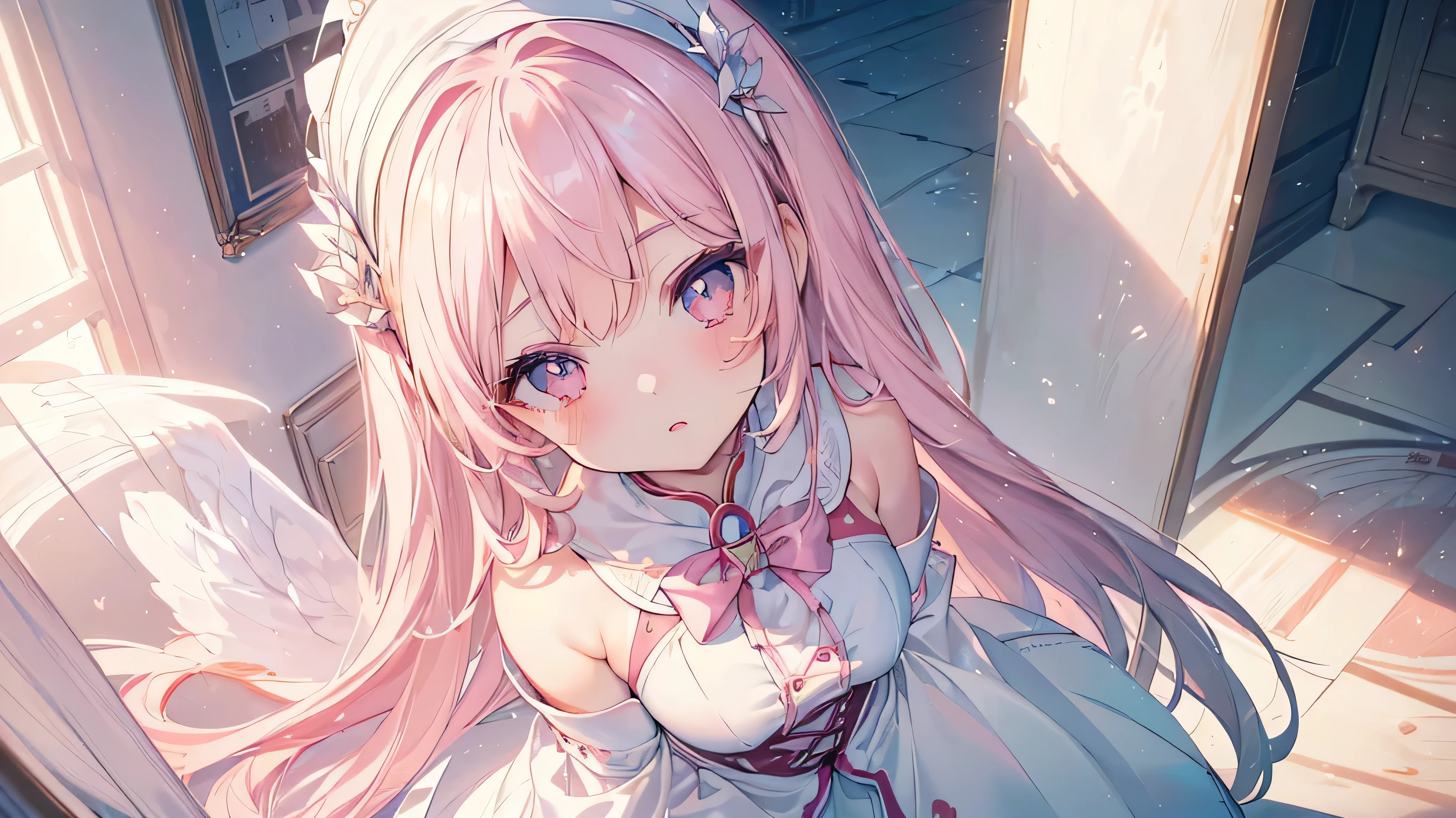 (Asahi), ((Beautiful eyes)), (((Angle from above))), (((Highest quality、masterpiece、Ultra-fine、Ultra-fine、Exquisite、16K、Full HD,high school girl))) 、Long eyelashes、White skin、(thin and long)、 ((cute)) ((One person)),Zoom out,(A magnificent composition、epic proportion)、(Pale pink lips、Pale pink cheeks、thin and long)、Dynamic lighting,