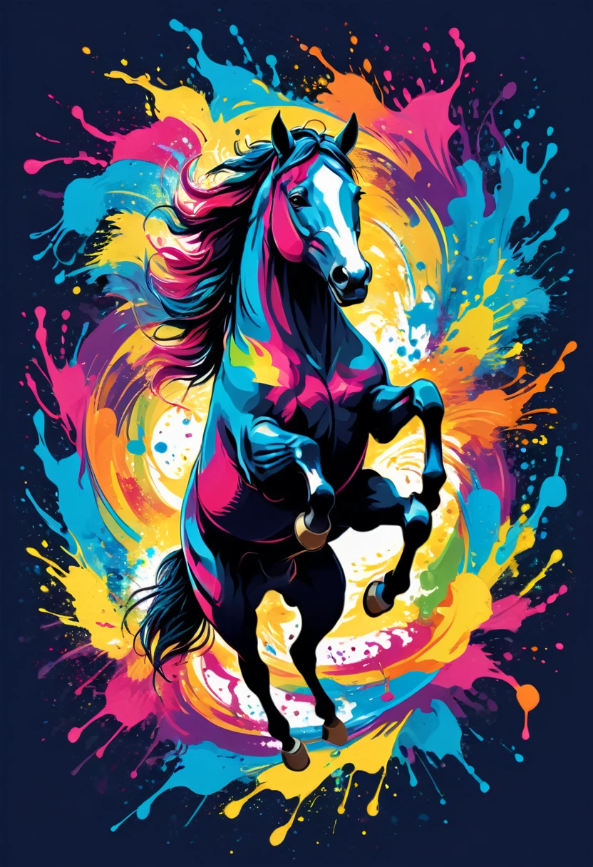 A t-shirt with vector art of a colorful illustration of a horse jumping in the center, swirly vibrant colors, paint splashes and smears, high détail,Hawaii Background