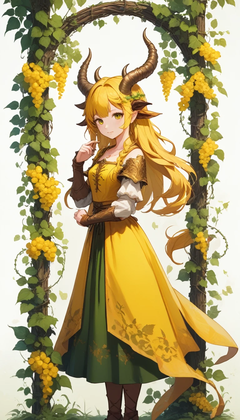 score_9, score_8_up, score_7_up, score_6_up, score_5_up, score_4_up, BREAK source_anime, yellow medieval summer girl, concept, vines on the hand and horns from vines, full length