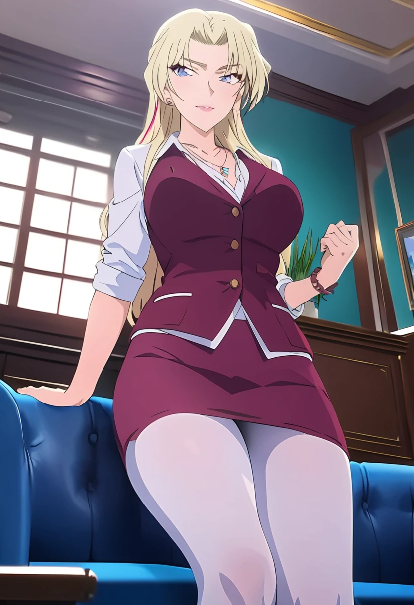 (masterpiece, best quality:1.2), ((Extremely detailed)), high resolution, Anime style , photo, photography, Detailed background,1. Beautiful woman Lei Dianming, (Pantyhose), boots,Cowboy shooting, Looking at the audience,A faint smile, earrings, skirt, Necklace, Vest, Cross your legs, From below, On the sofa, Windows, living room,Anime style，blond